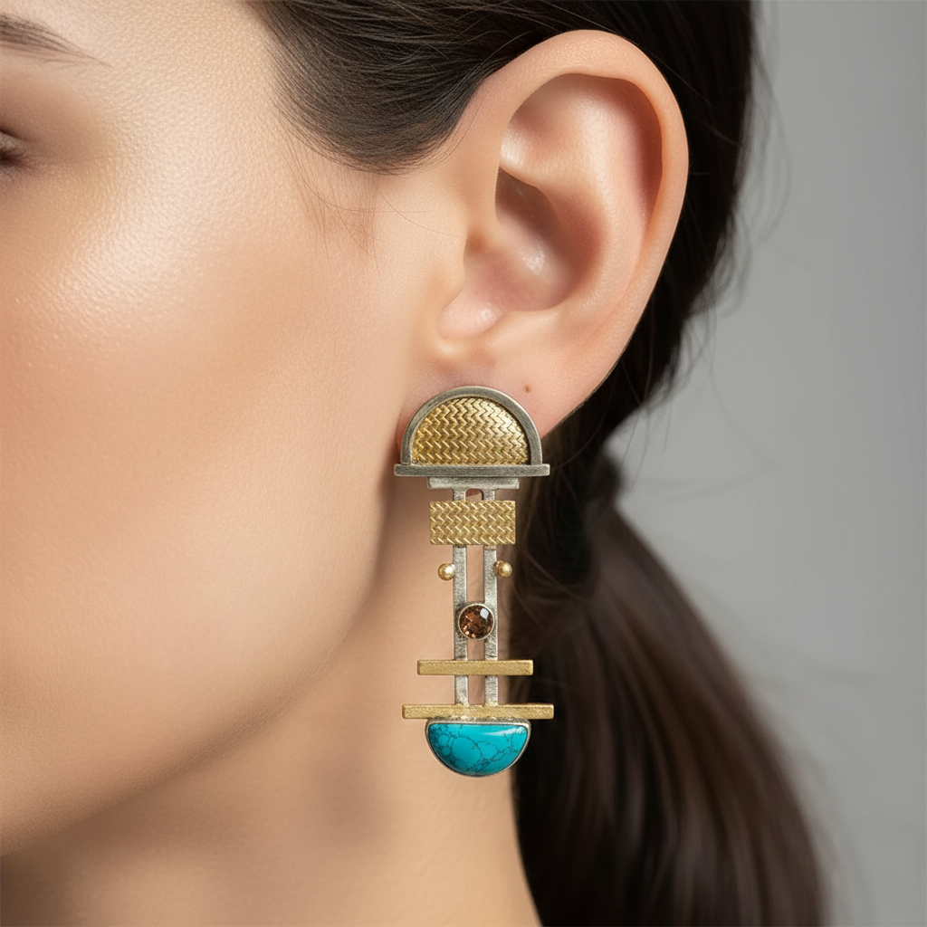 Antique Gold & Silver Fusion Earrings In Turquoise