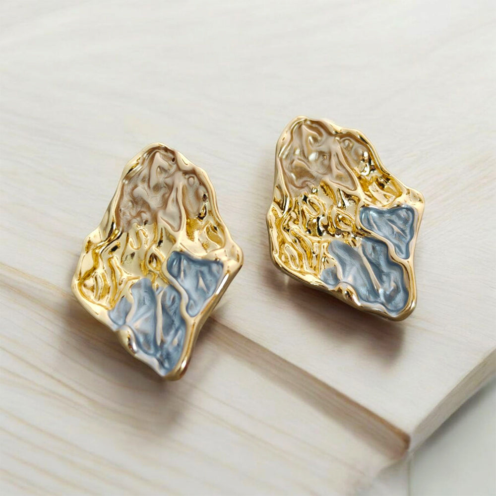Gold Chunky Dented Sea Blue Earrings
