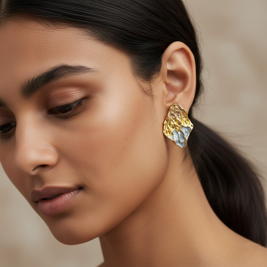 Gold Chunky Dented Sea Blue Earrings