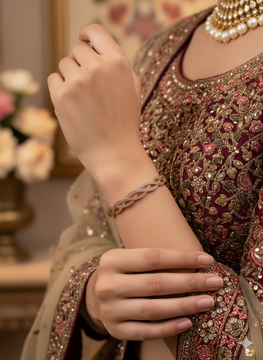 Woven Diamond Rose Gold Kada Bracelet