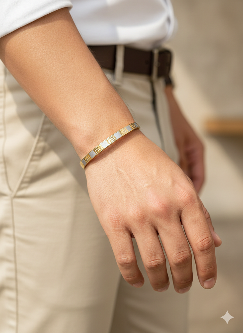 Men’s Gold Kada Bracelet with Greek Key Design