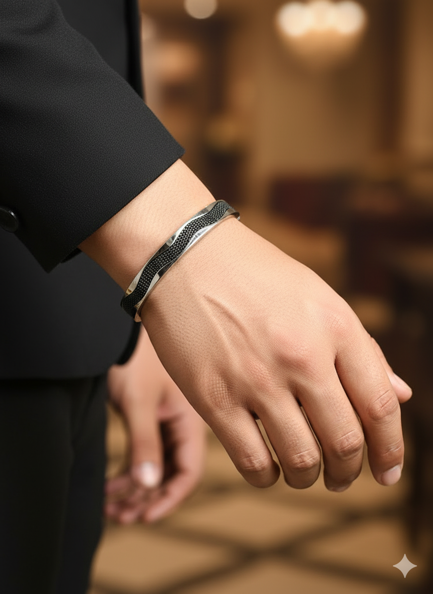 Men’s Black and Silver Wave Cuff Bracelet