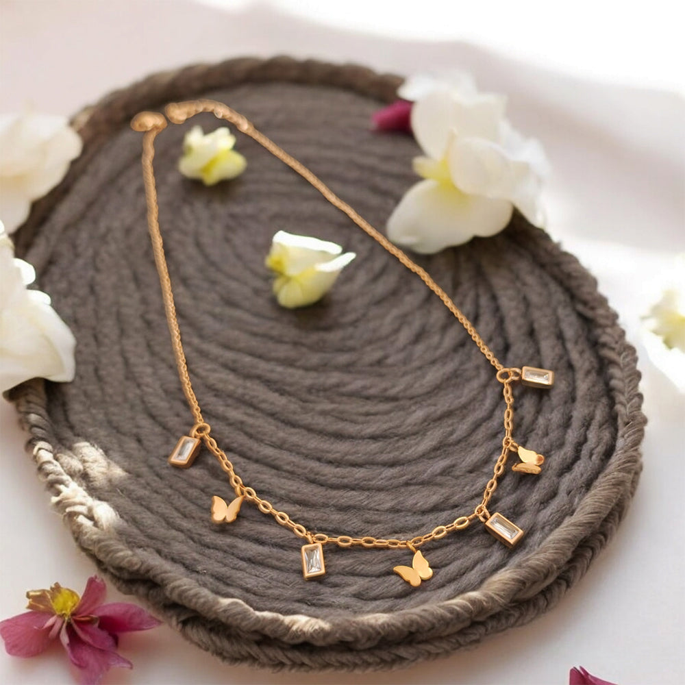 Rose Gold Plated Butterfly & Diamond Baguette Charm Necklace
