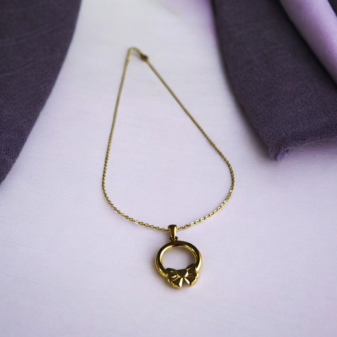 18K Gold Plated Ring Pendant with Bow Necklace
