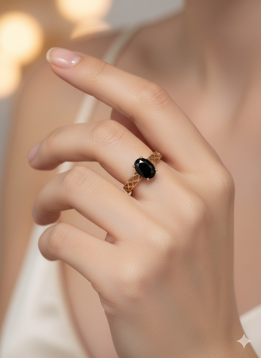 Black Gemstone Gold Ring in Brass