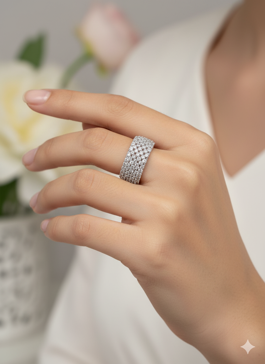 Wide Pavé Silver Band Ring