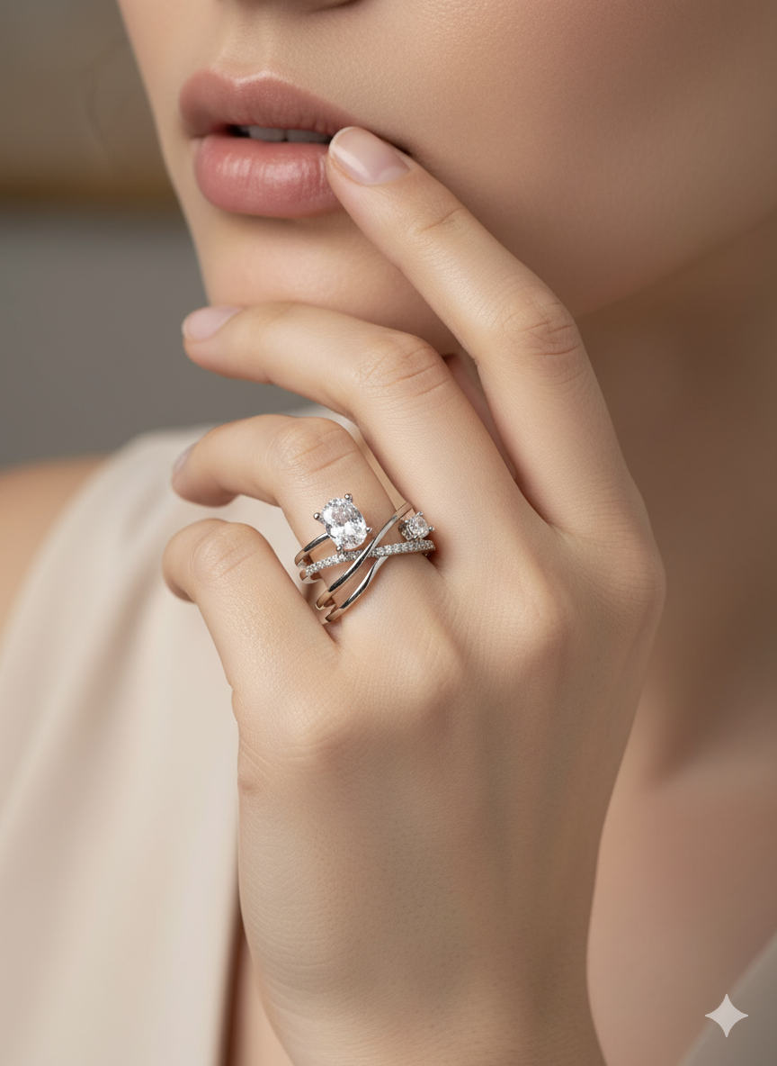 Criss Cross Solitaire Silver Ring