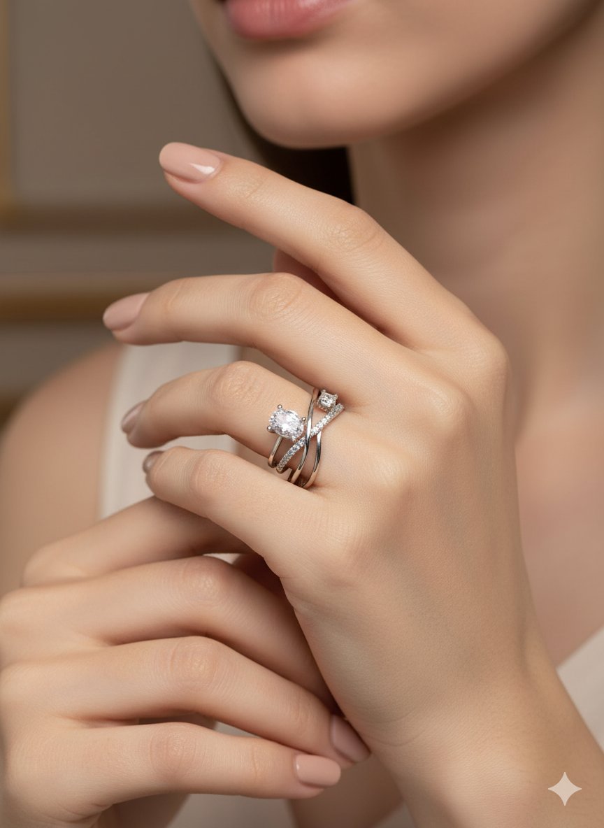 Criss Cross Solitaire Silver Ring