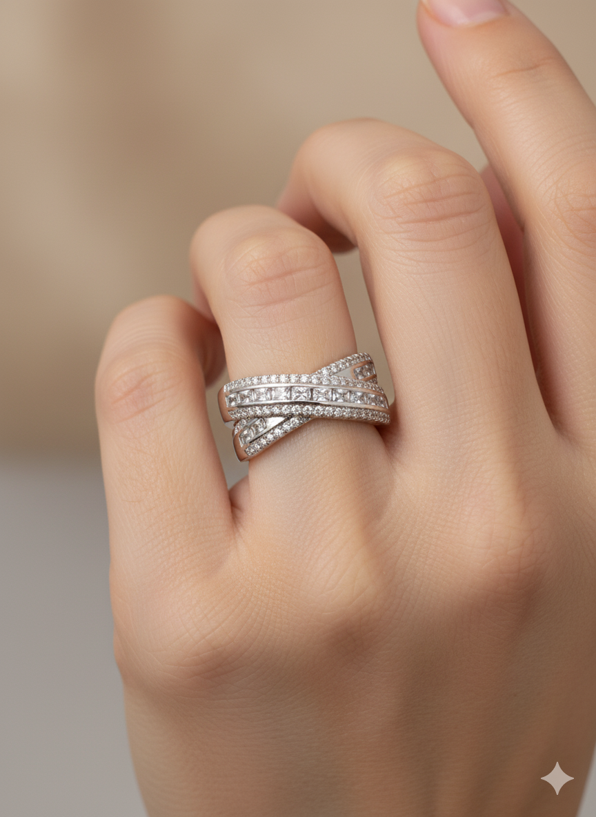 Criss Cross Silver Band Ring in Brass - Styled View