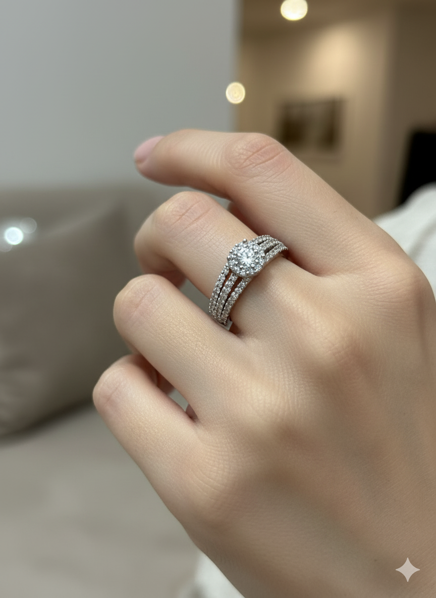 Triple Row Halo Silver Ring