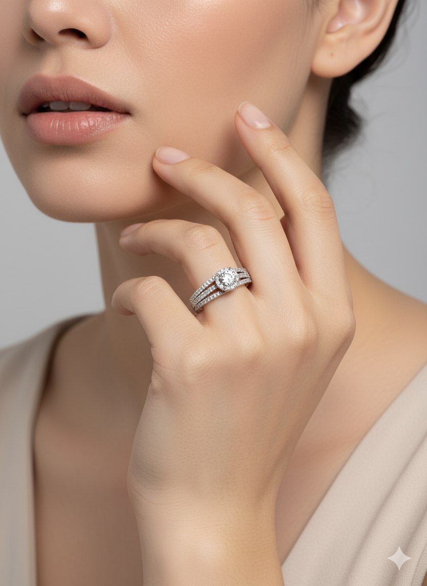 Triple Row Halo Silver Ring