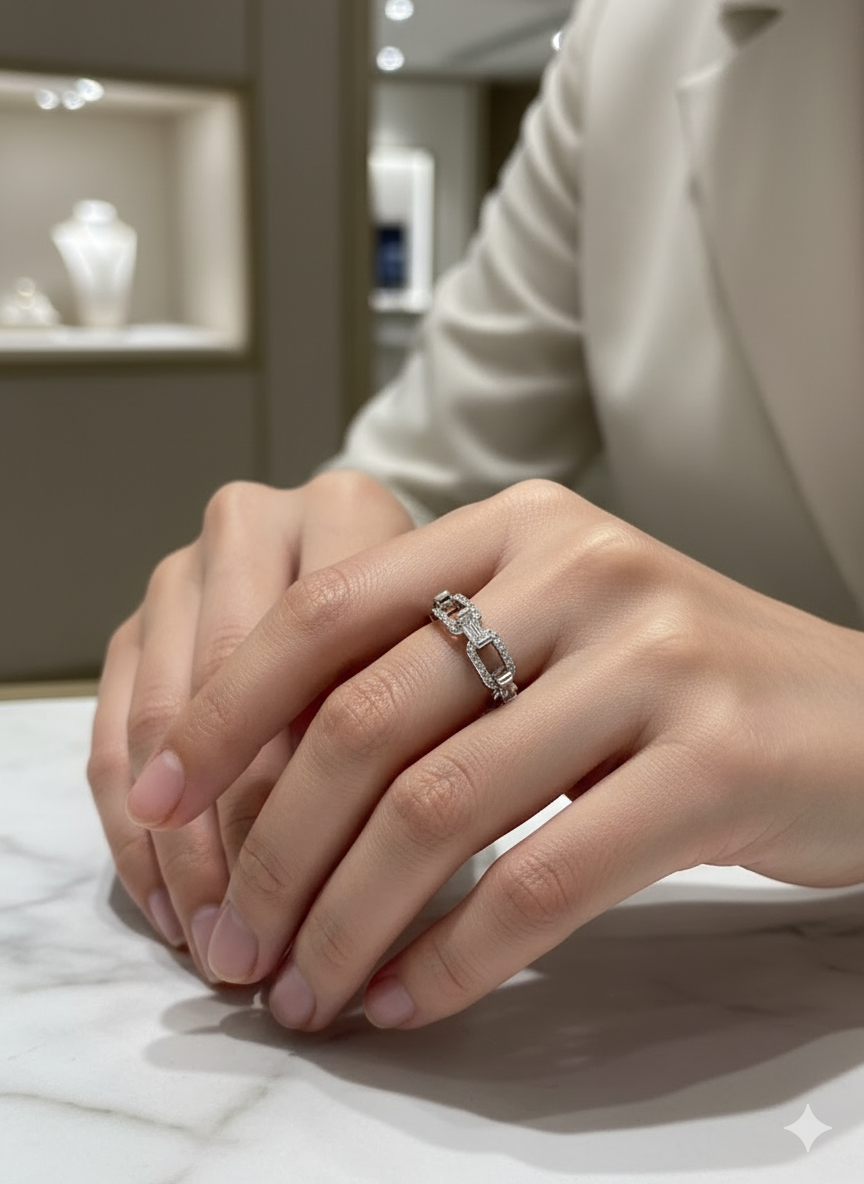 Geometric Link Diamond Silver Band Ring