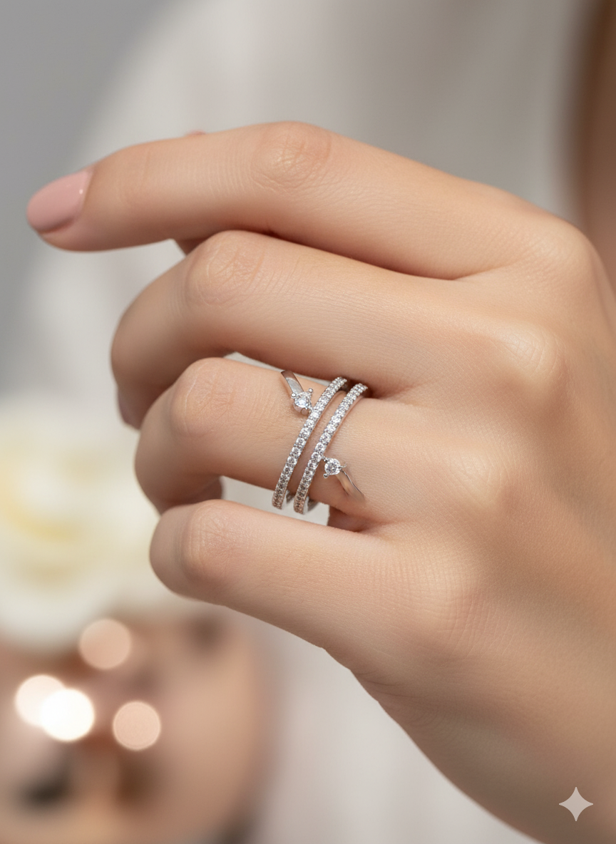 Double Band Open Diamond Ring in Sterling Finish