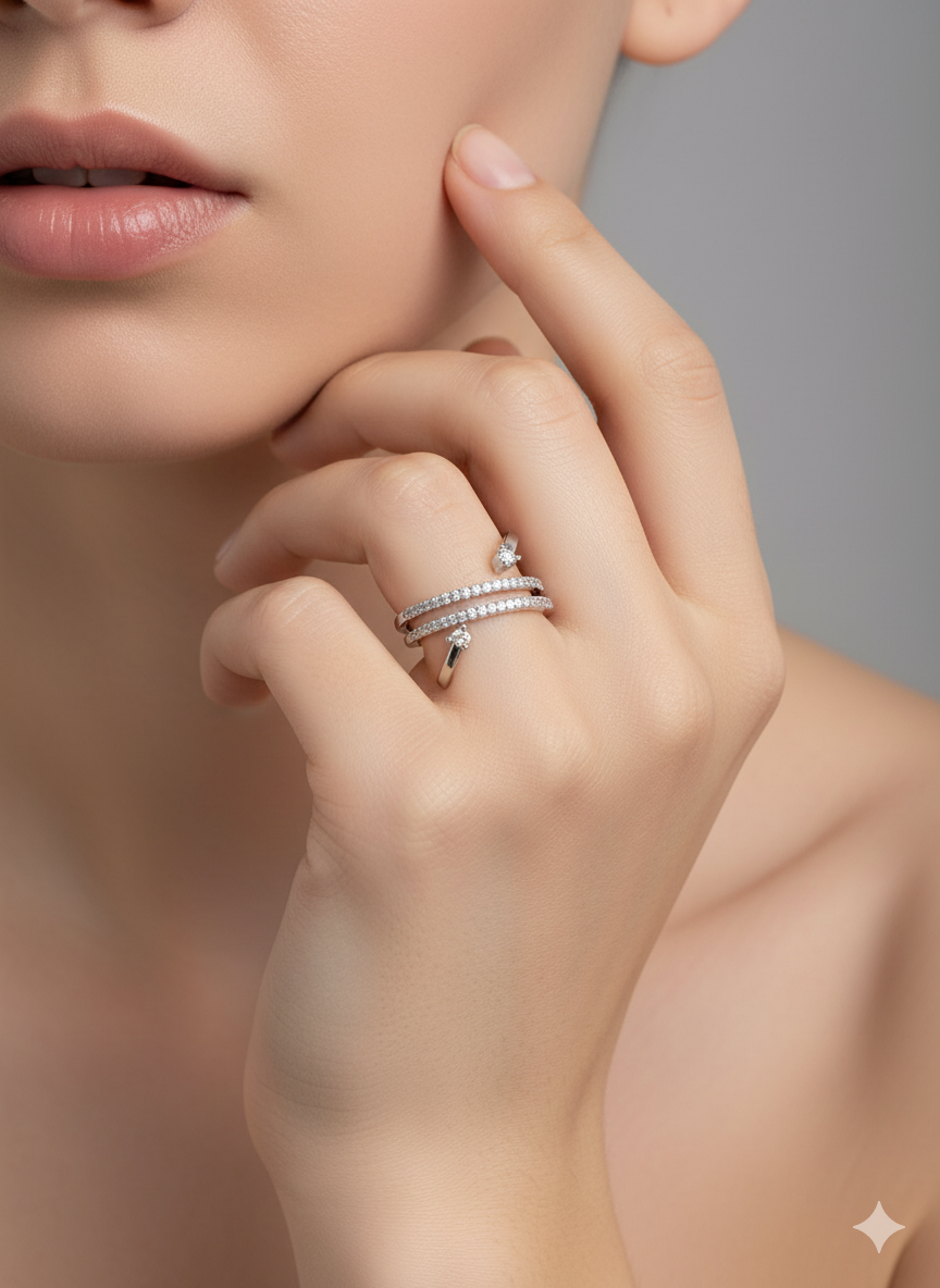 Double Band Open Diamond Ring in Sterling Finish