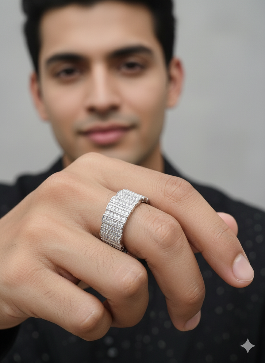 Men’s Silver Diamond Grid Ring