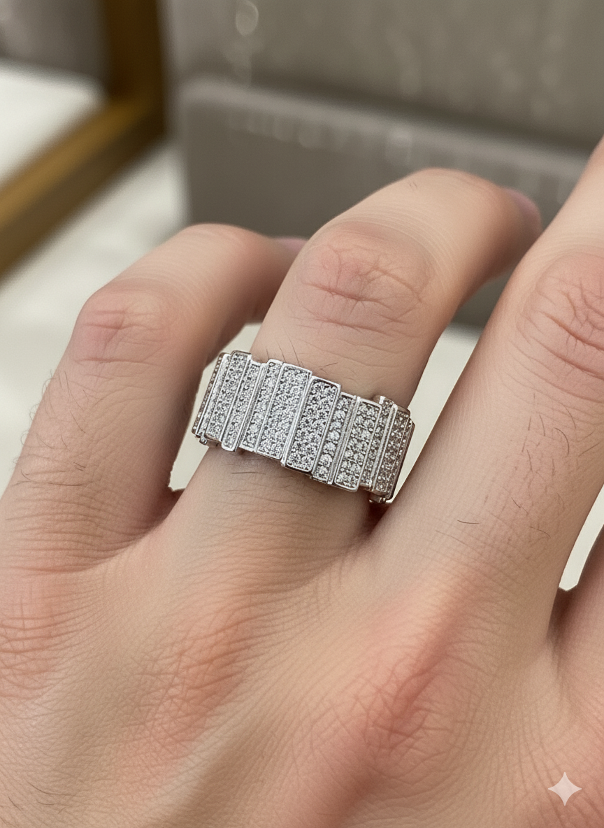 Men’s Silver Diamond Grid Ring