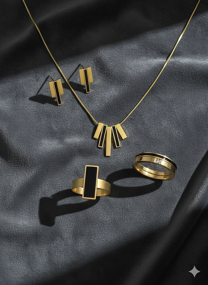 Black Onyx Rectangle Gold Jewelry Set