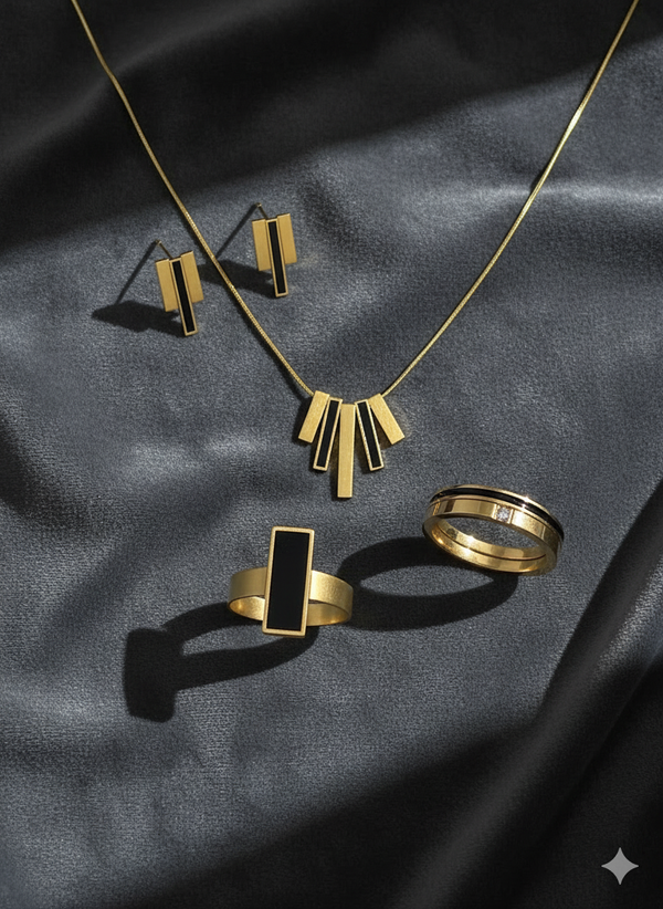 Black Onyx Rectangle Gold Jewelry Set