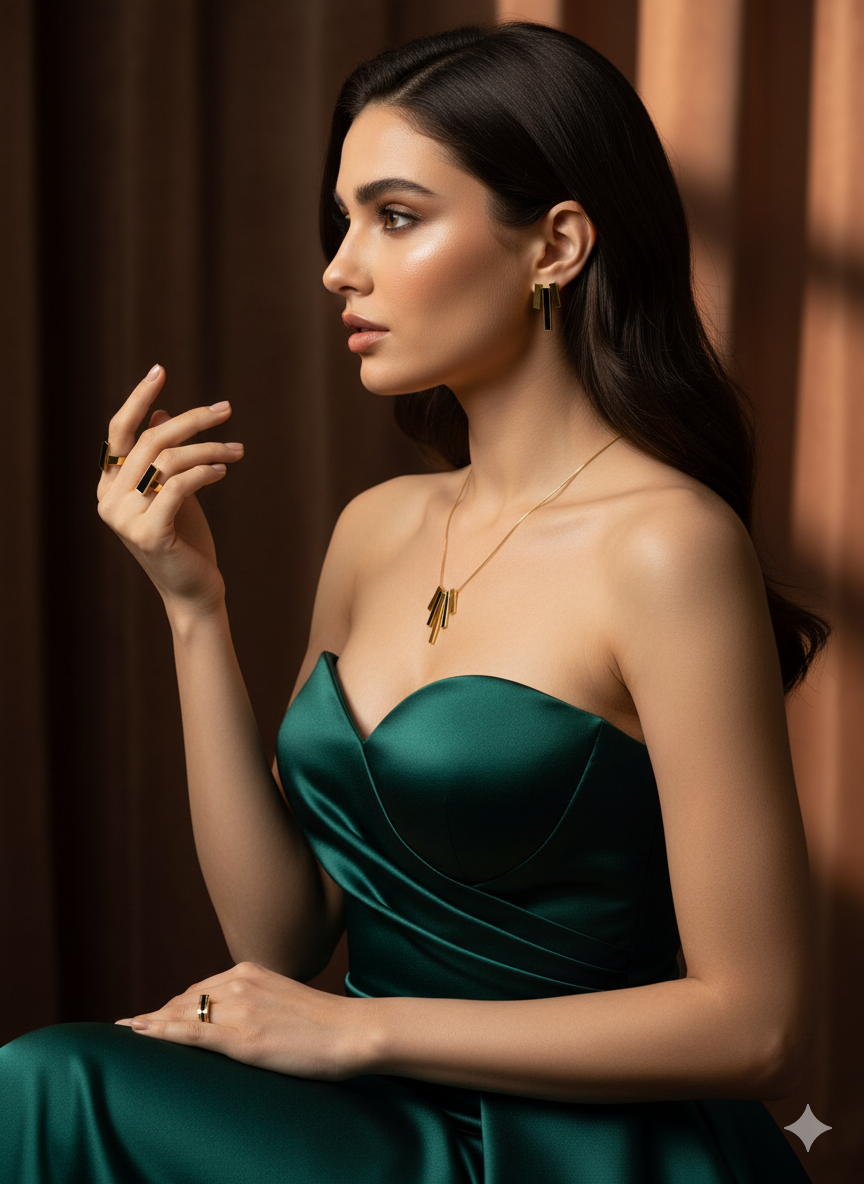 Black Onyx Rectangle Gold Jewelry Set