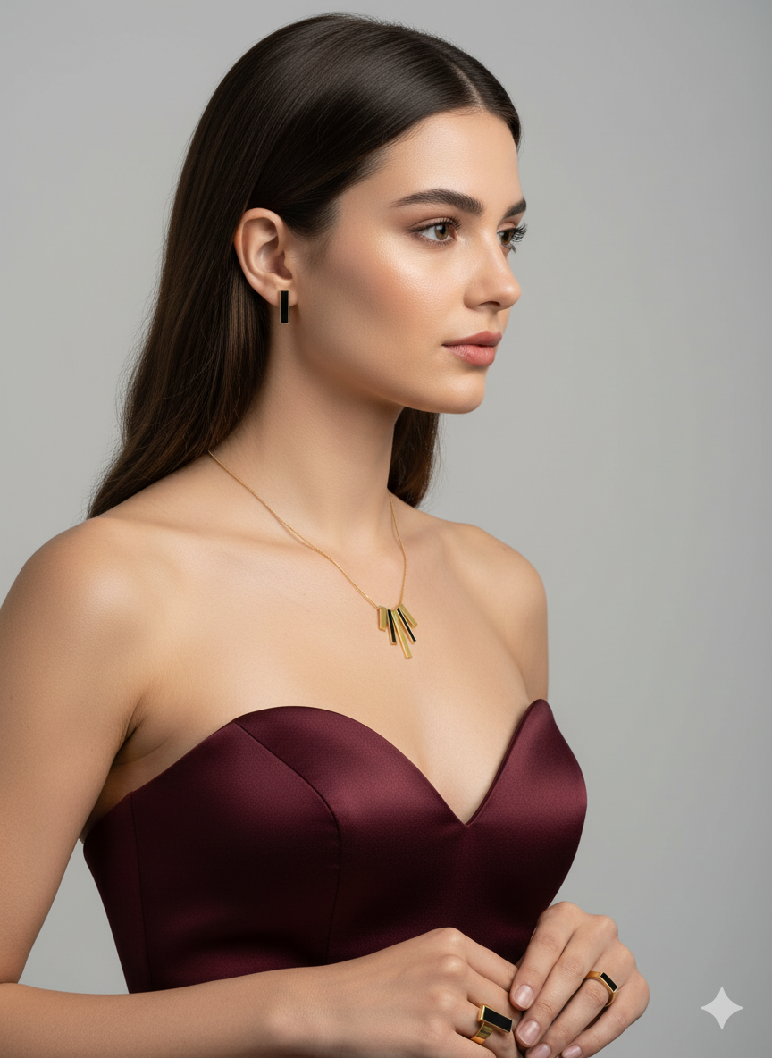 Black Onyx Rectangle Gold Jewelry Set