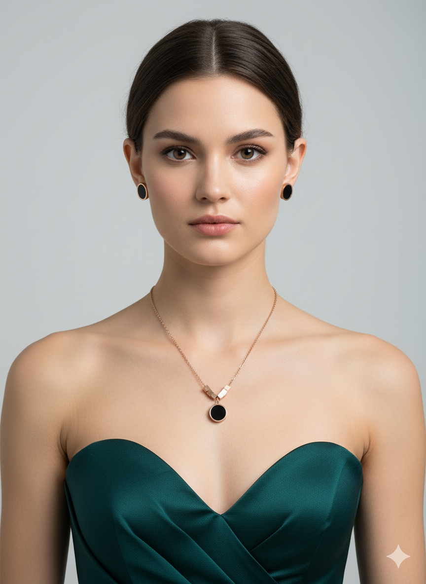 Black Onyx Rose Gold Jewelry Set Necklace Set in Rose Gold Plated