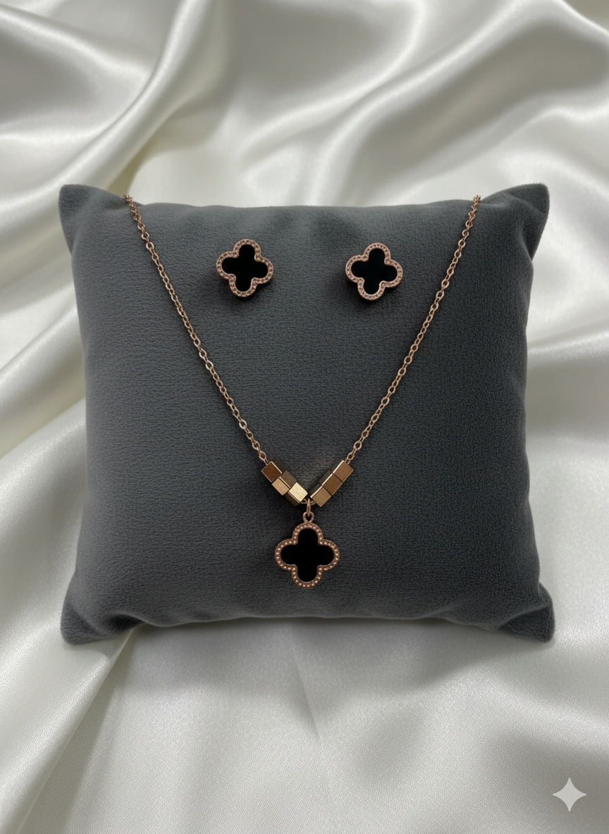 Black Clover Rose Gold Jewelry Set Necklace in Rose Gold Plated - Product View