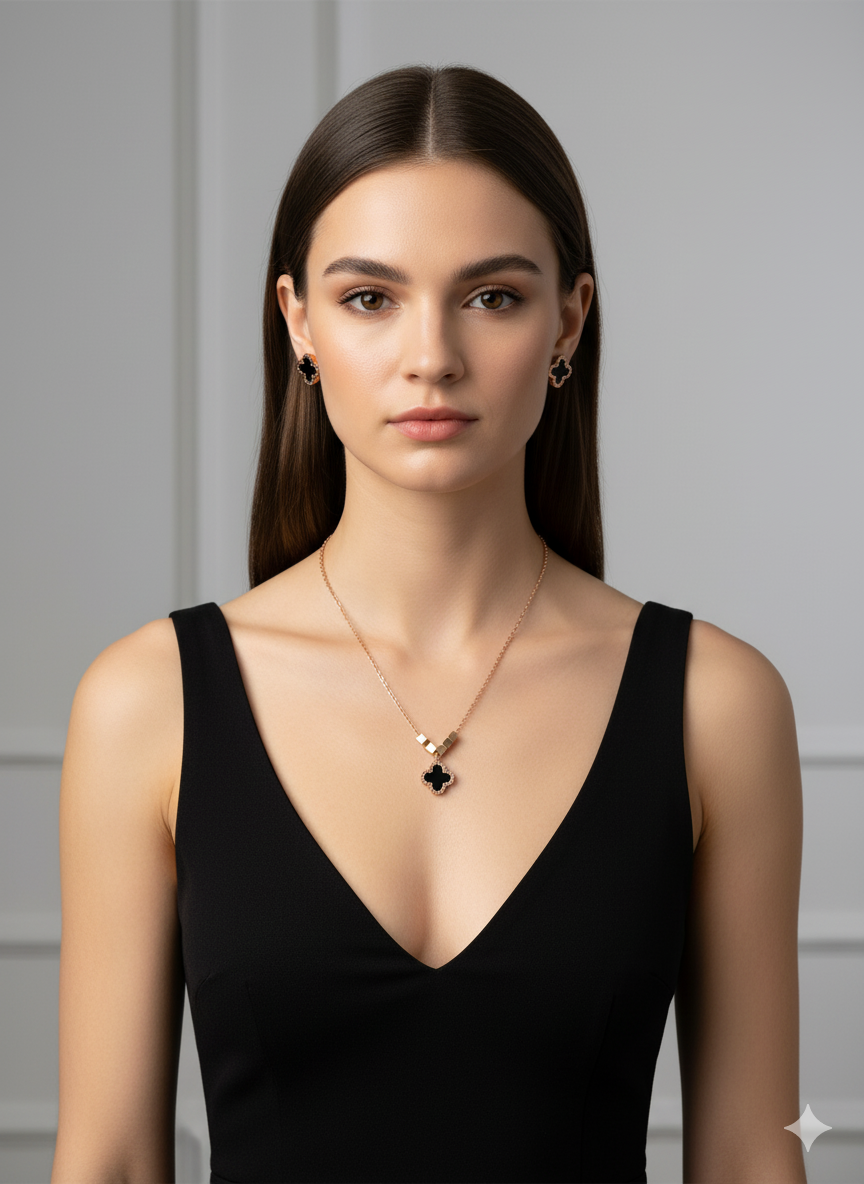 Black Clover Rose Gold Jewelry Set Necklace in Rose Gold Plated