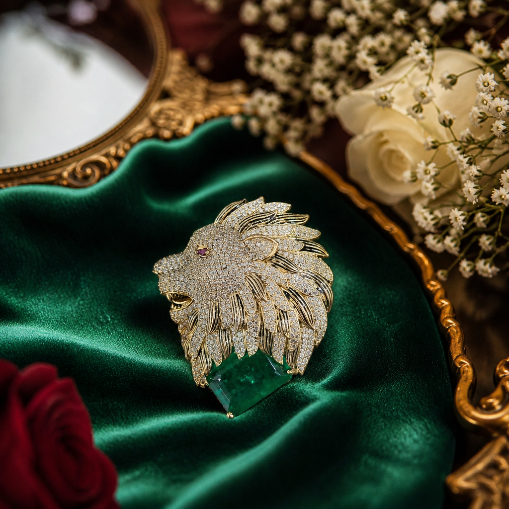 Regal Lion Emerald Statement Brooch