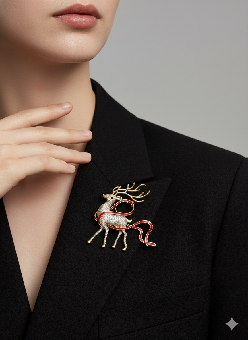 Unisex stag brooch with gold finish and red detailing styled on a black blazer