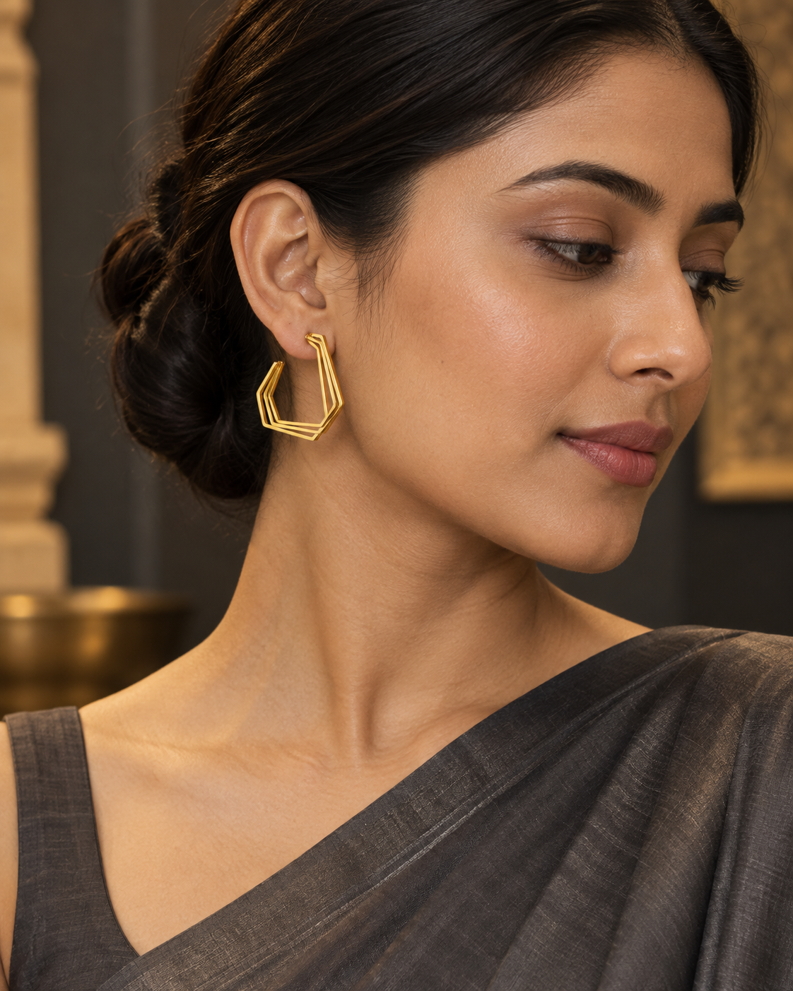 Hexa Edge Earrings in Gold Tone - Styled View