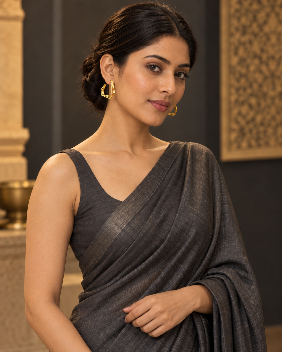 Hexa Edge Earrings in Gold Tone - Styled View