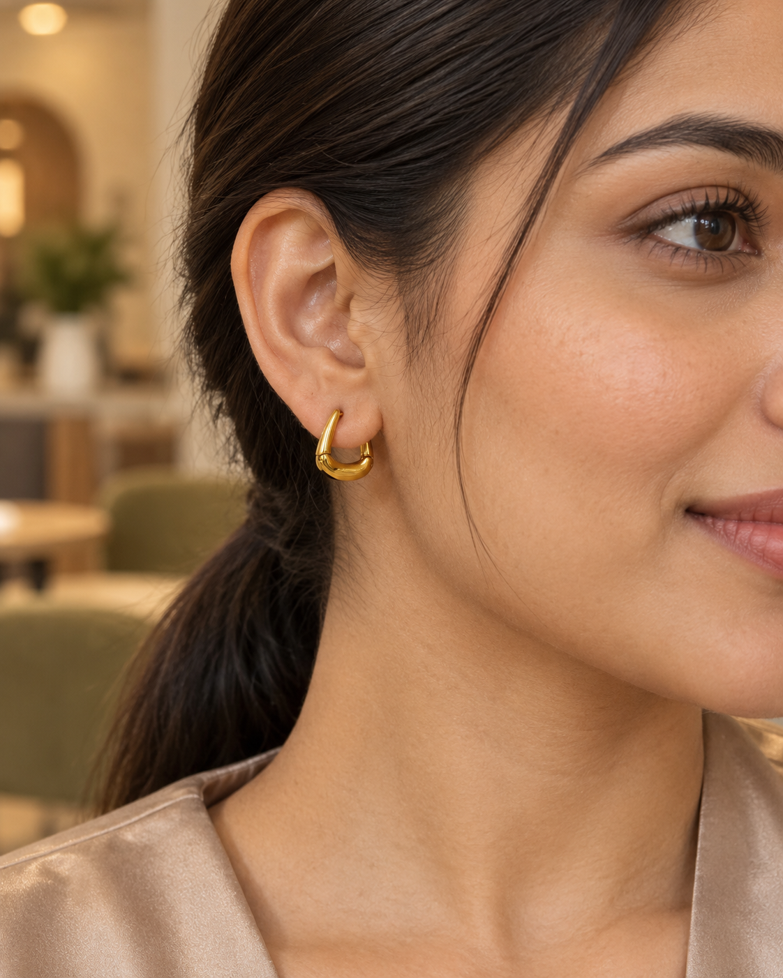 Everyday Stirrup Earrings in Gold Tone - Styled View