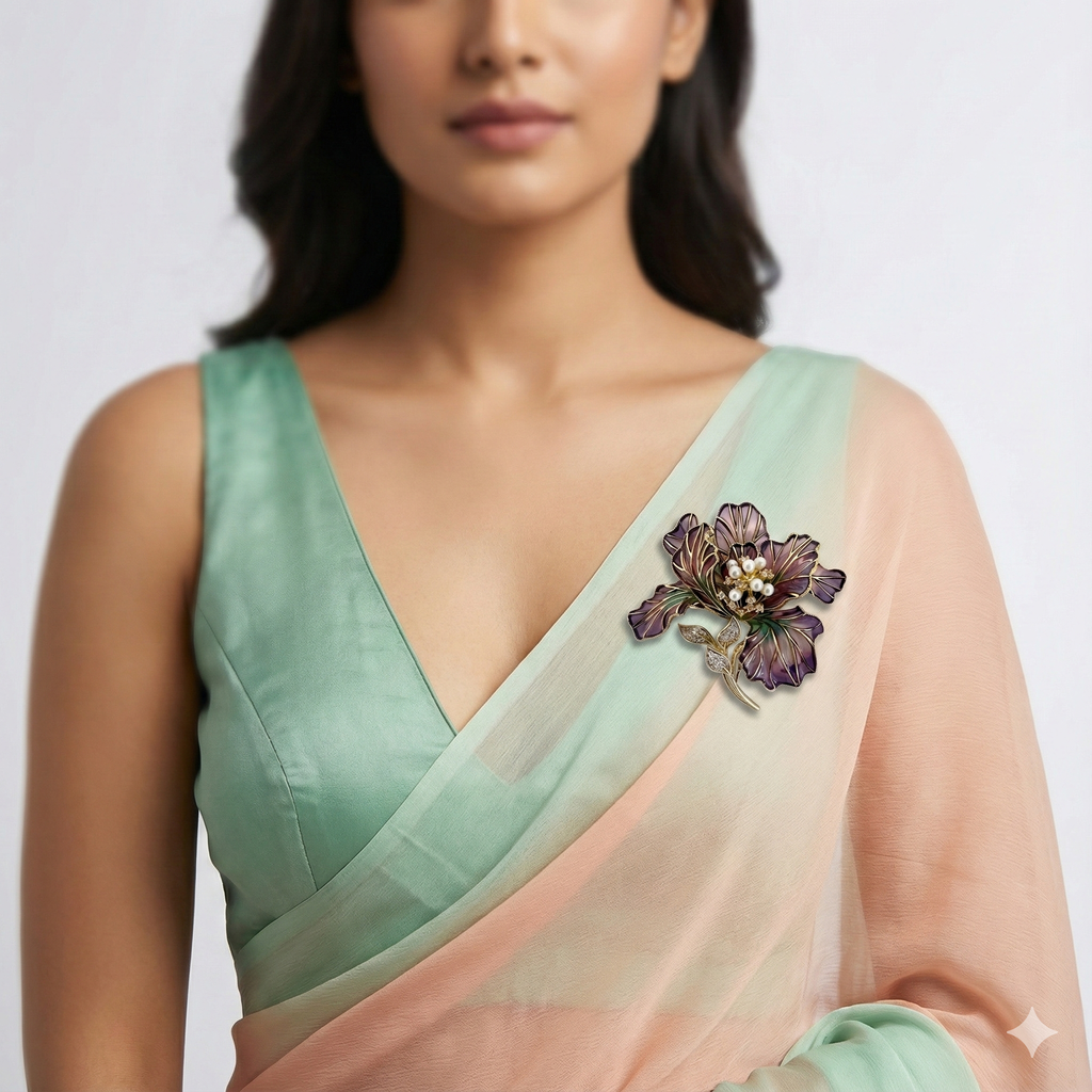 Elegant saree brooch for weddings featuring purple enamel bloom and sparkling stones