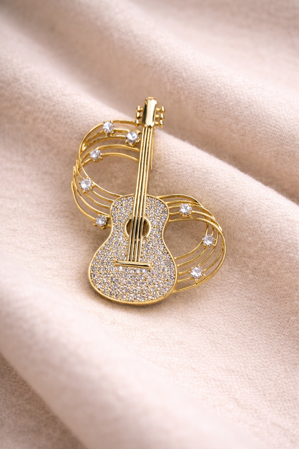 Gold Guitar Crystal Brooch