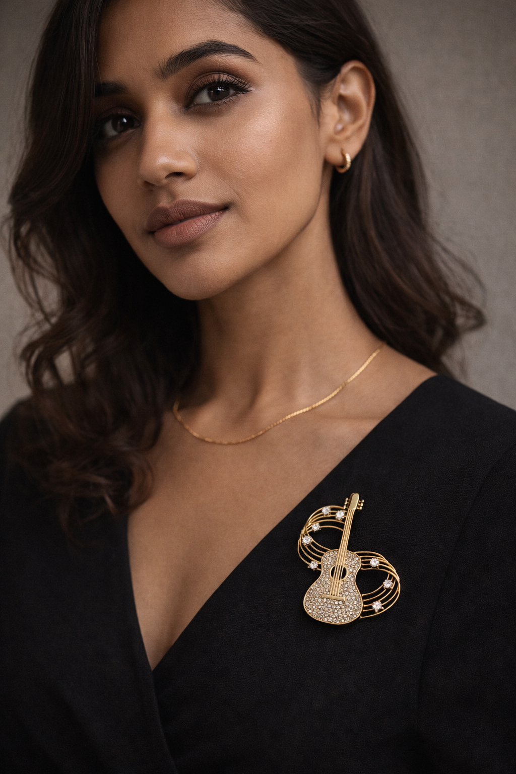 Gold Guitar Crystal Brooch