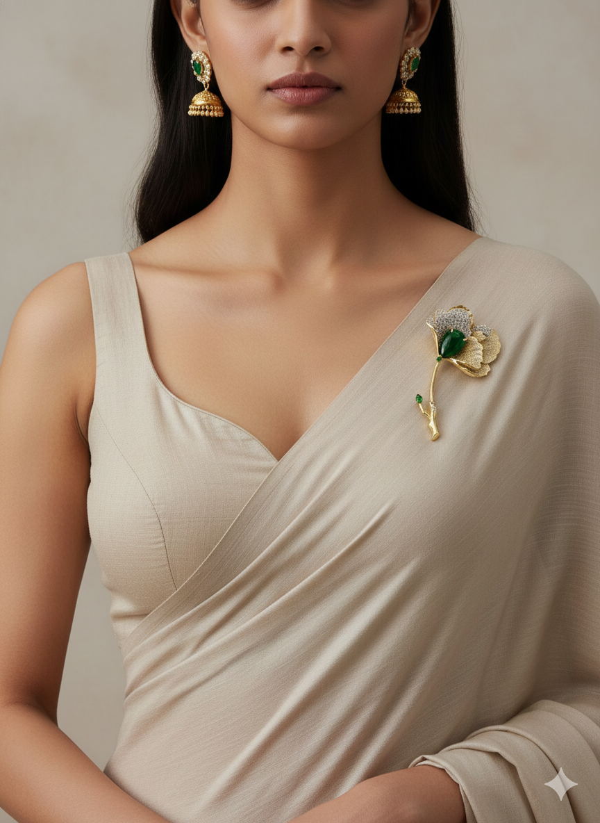 Model wearing a beige saree styled with a gold-tone floral brooch featuring crystals and emerald-green stone accents on the shoulder