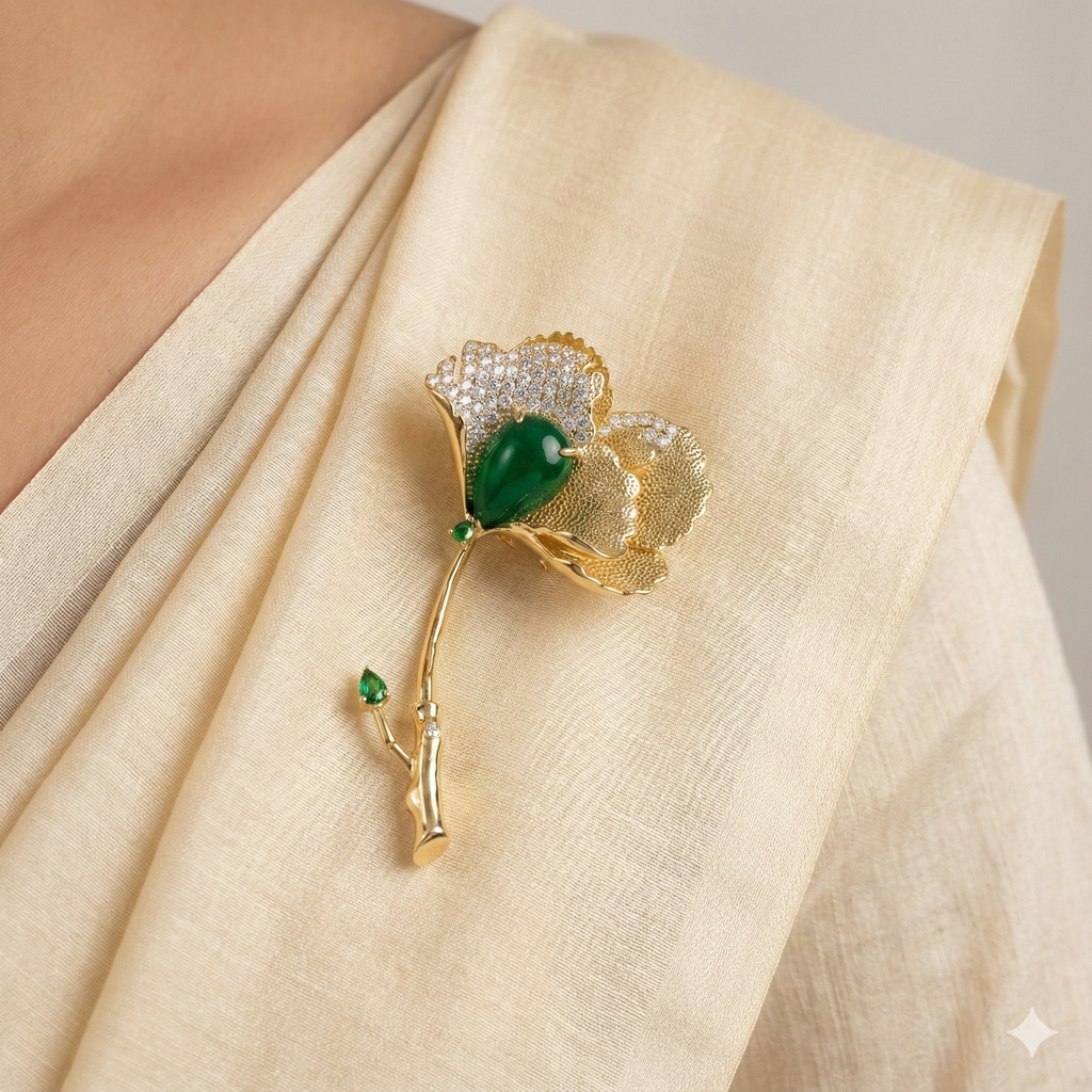 Gold-tone floral brooch with crystal petal detailing and emerald-green stone accents pinned on beige fabric