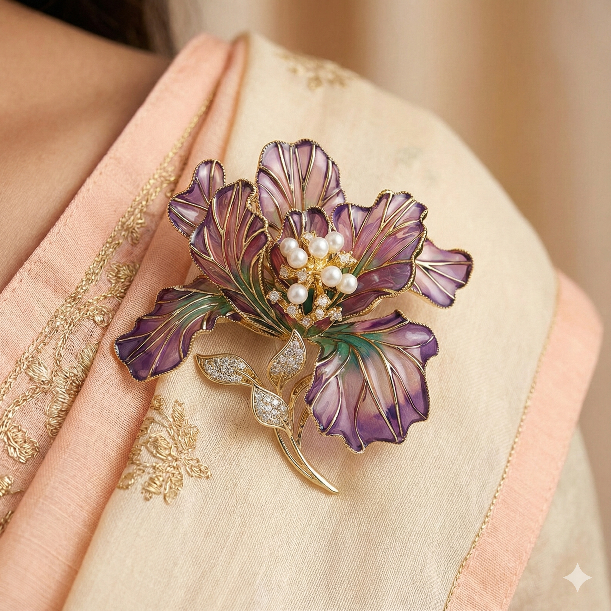 Premium purple floral brooch with crystal leaf accents and pearl center piece