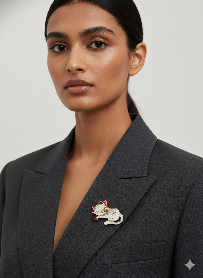 Sleepy Cat with Headphones Enamel Brooch