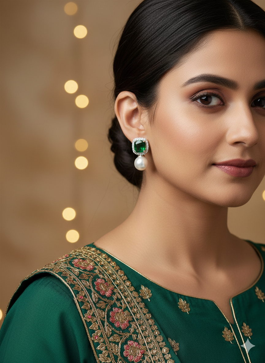 Emerald Green & Pearl Drop Jewellery Set