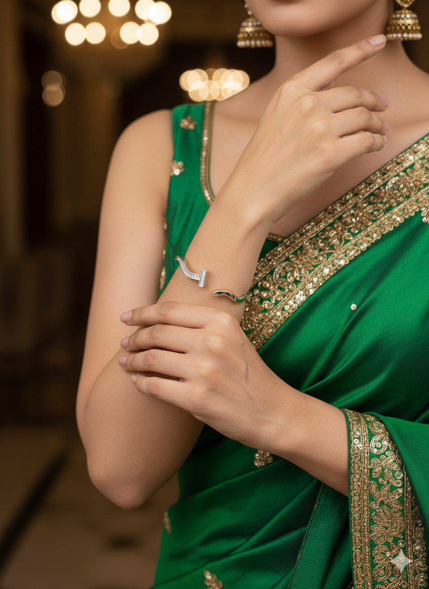 Modern Silver Diamond Kada Bracelet