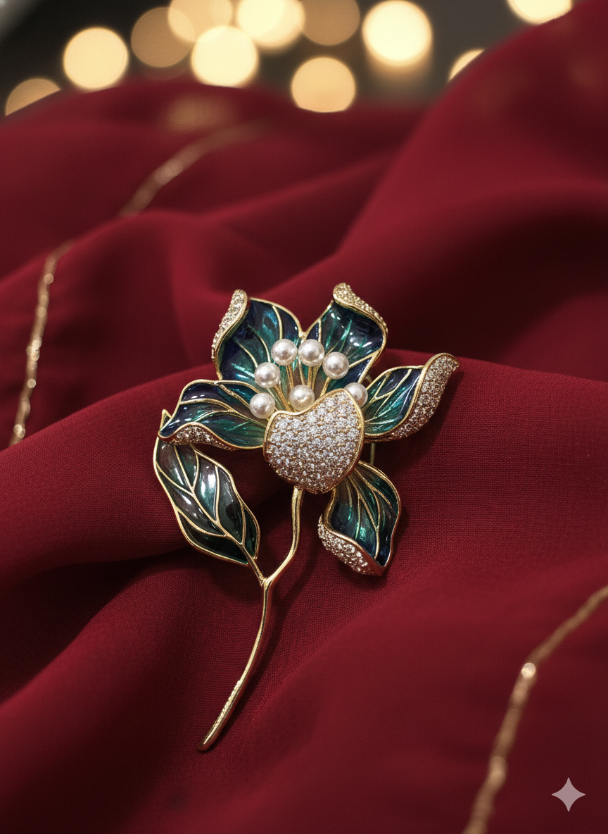 Floral Pearl & Leaf Enamel Brooch in Gold Finish