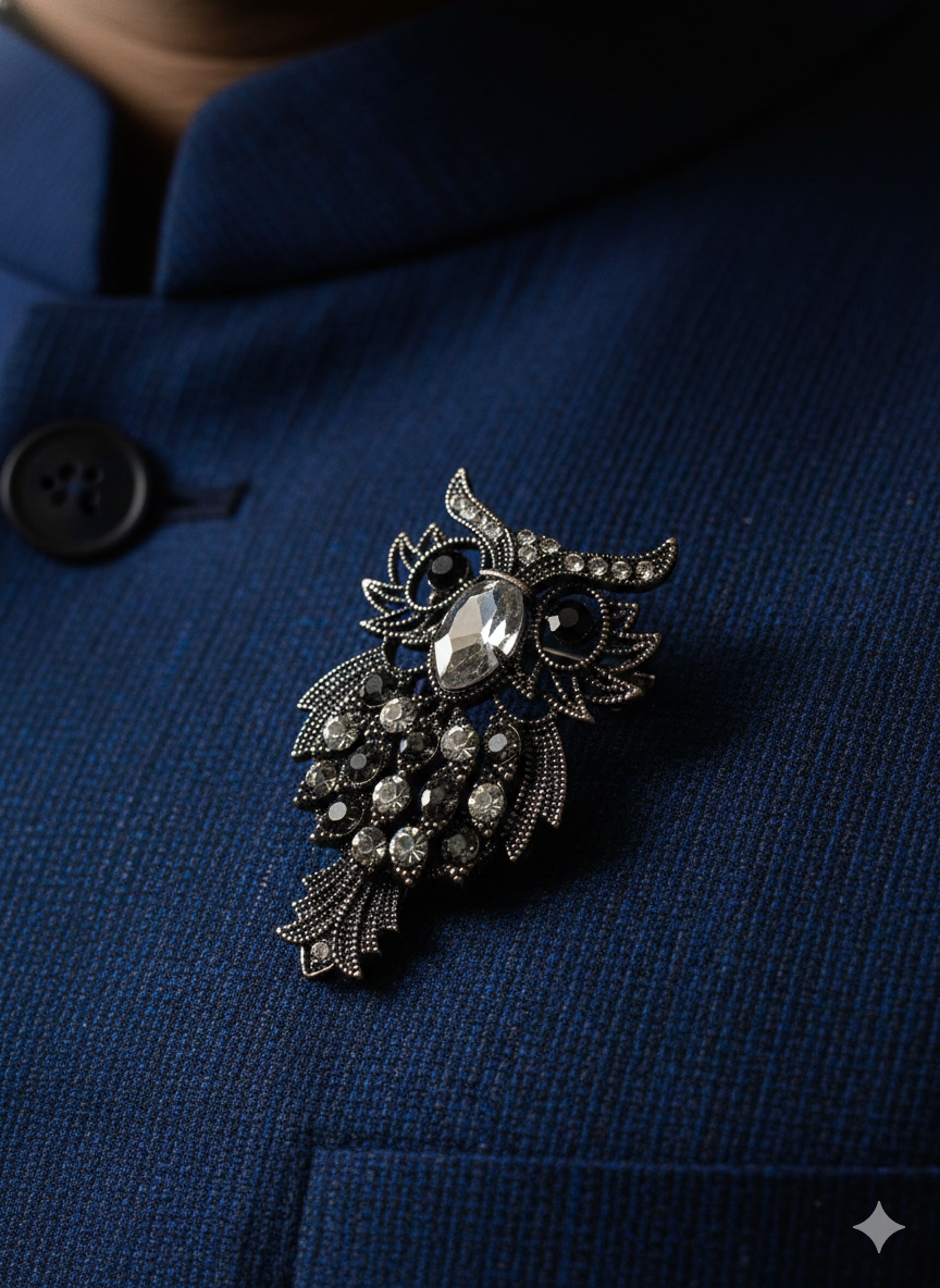 Midnight Owl Brooch with Crystal Detailing