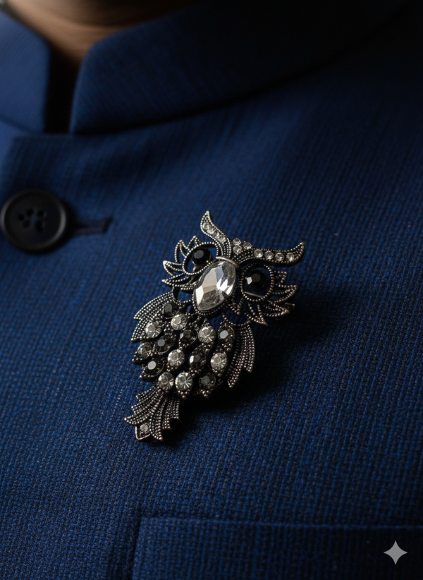 Midnight Owl Brooch with Crystal Detailing