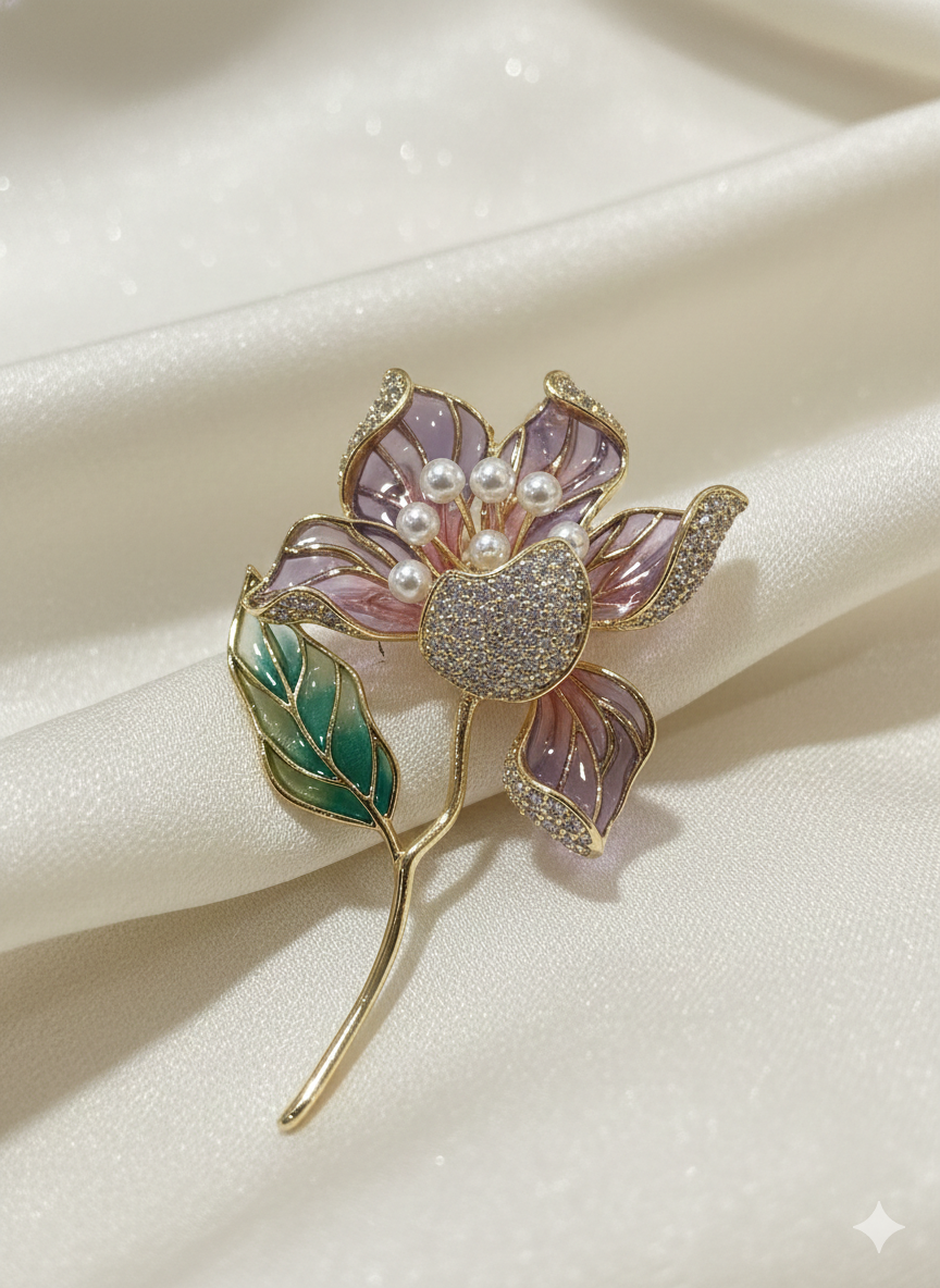 Floral Crystal Brooch in Gold with Green and Pearl Detailing