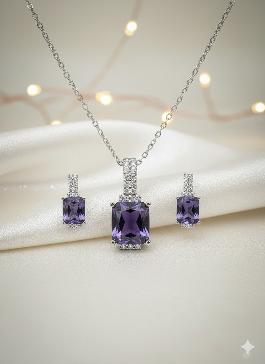 Purple rectangle diamond set with silver necklace