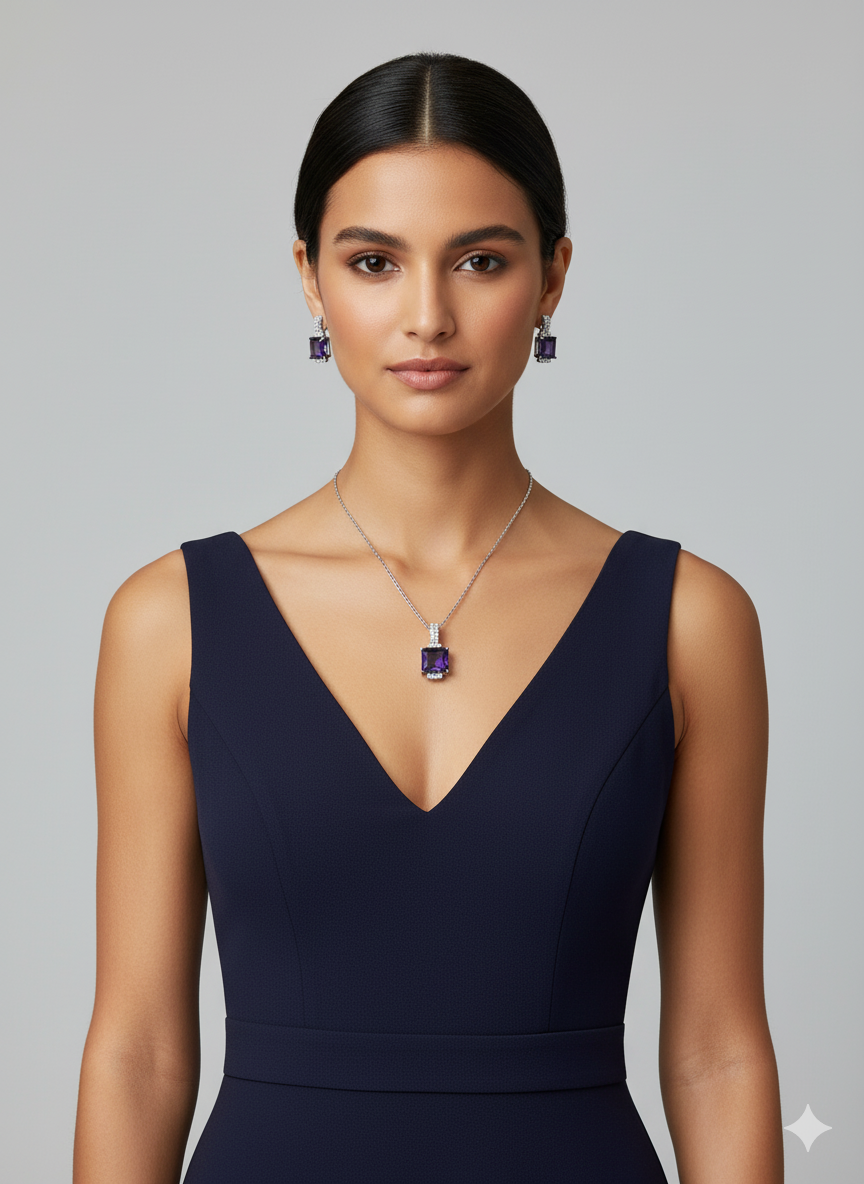 Purple rectangle diamond set with silver necklace