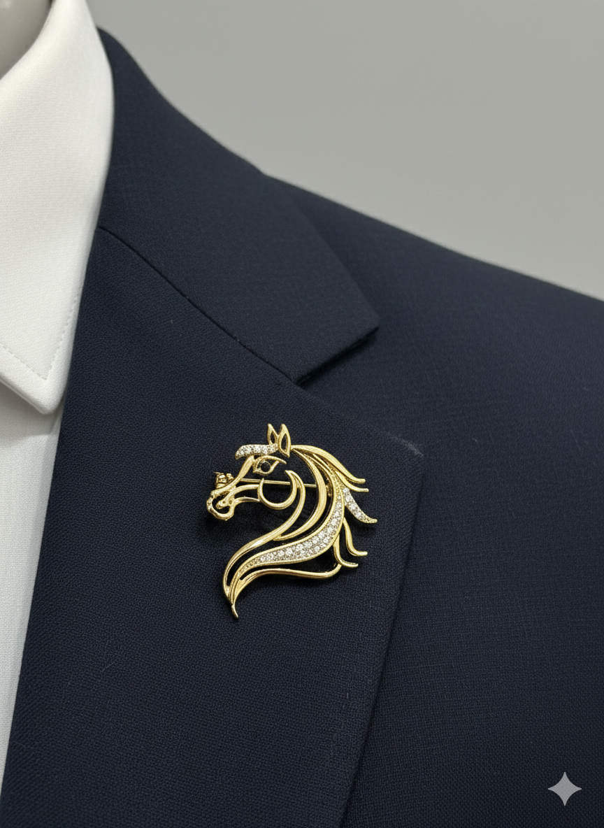 Horse Head Gold Brooch for Men