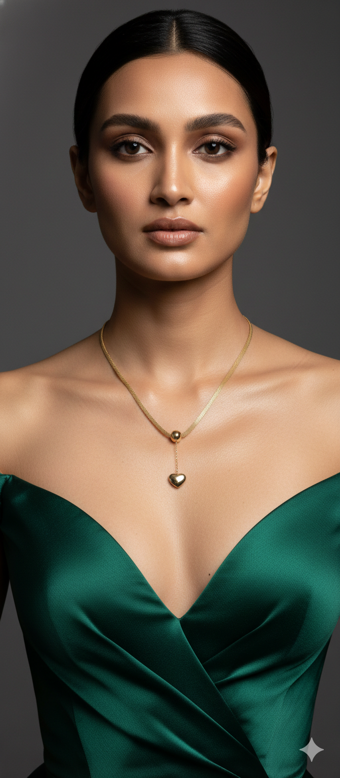Heart Pendant Drop Necklace in Gold Finish in Gold Plated Metal - Styled View