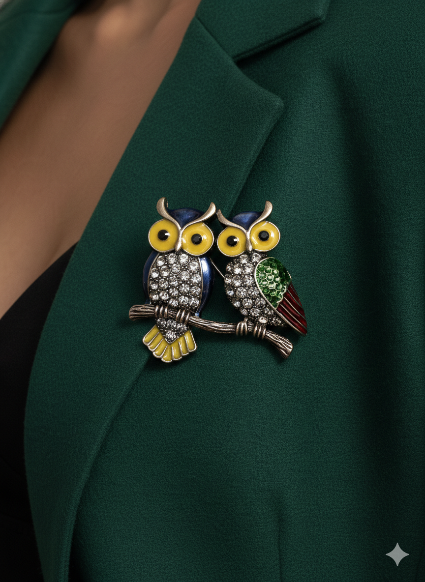 Couple Owl Brooch with Yellow Eyes and Crystal Wings